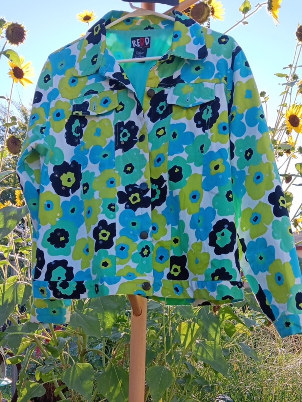 Red Floral Print Jean Jacket in Blue and Green